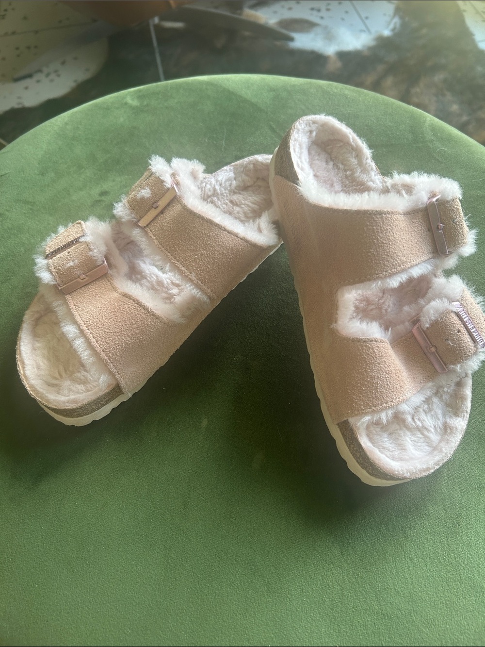 Birkenstock Faux-Fur Slide Sandals in Light Pink